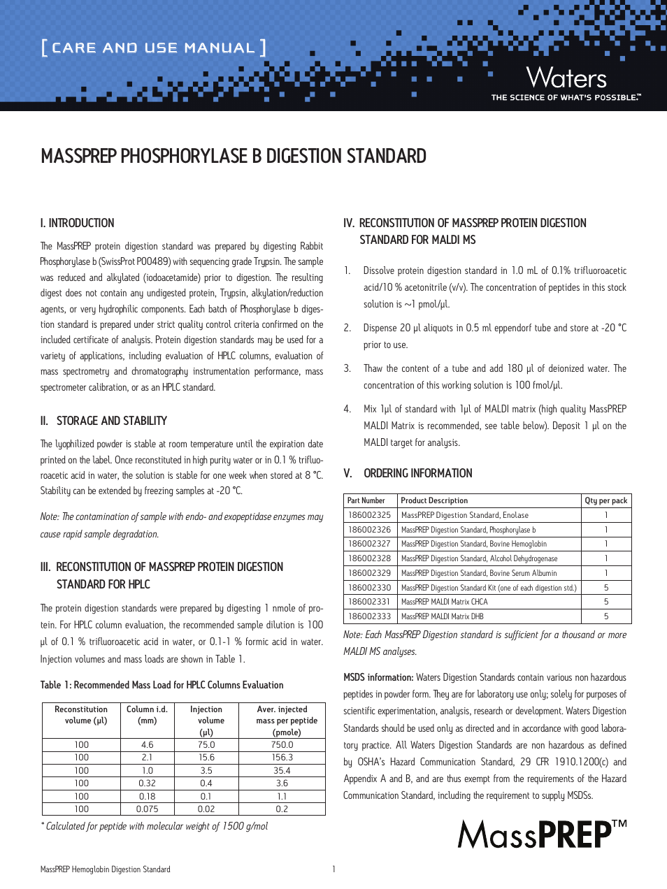 Waters MassPREP Phosphorylase B Digestion Standard User Manual | 2 pages