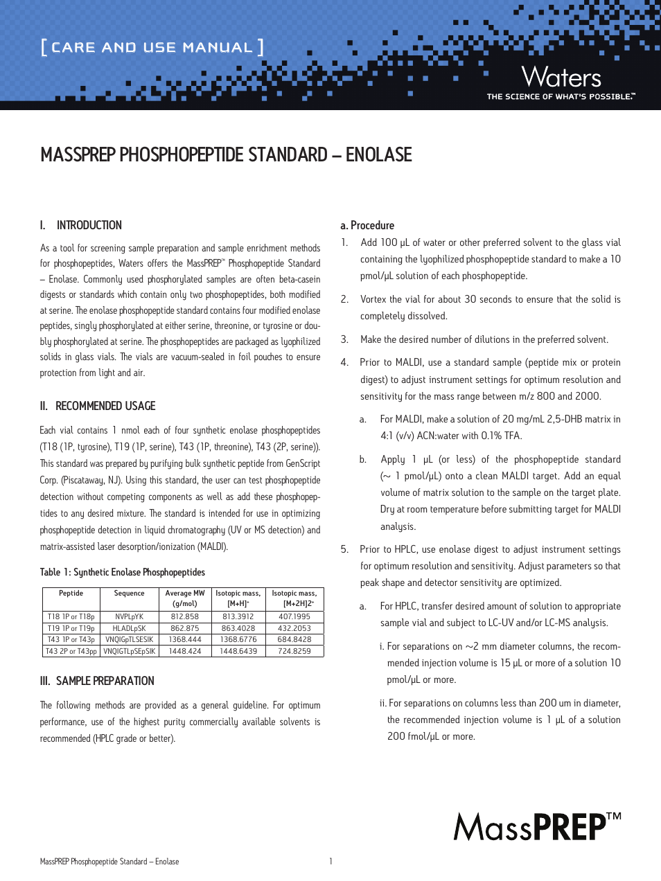 Waters MassPREP Phosphopeptide Standard User Manual | 3 pages