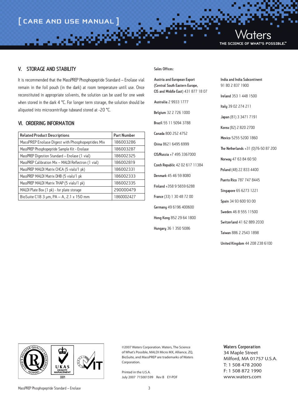 Care and use manual, V. storage and stability, Vi. ordering information | Waters MassPREP Phosphopeptide Standard User Manual | Page 3 / 3