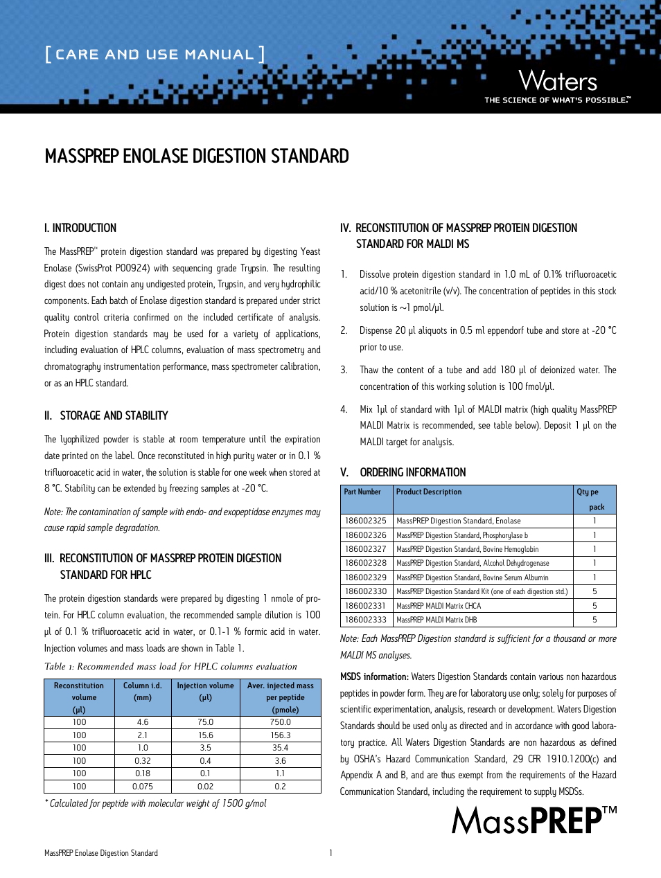 Waters MassPREP Enolase Digestion Standard User Manual | 2 pages