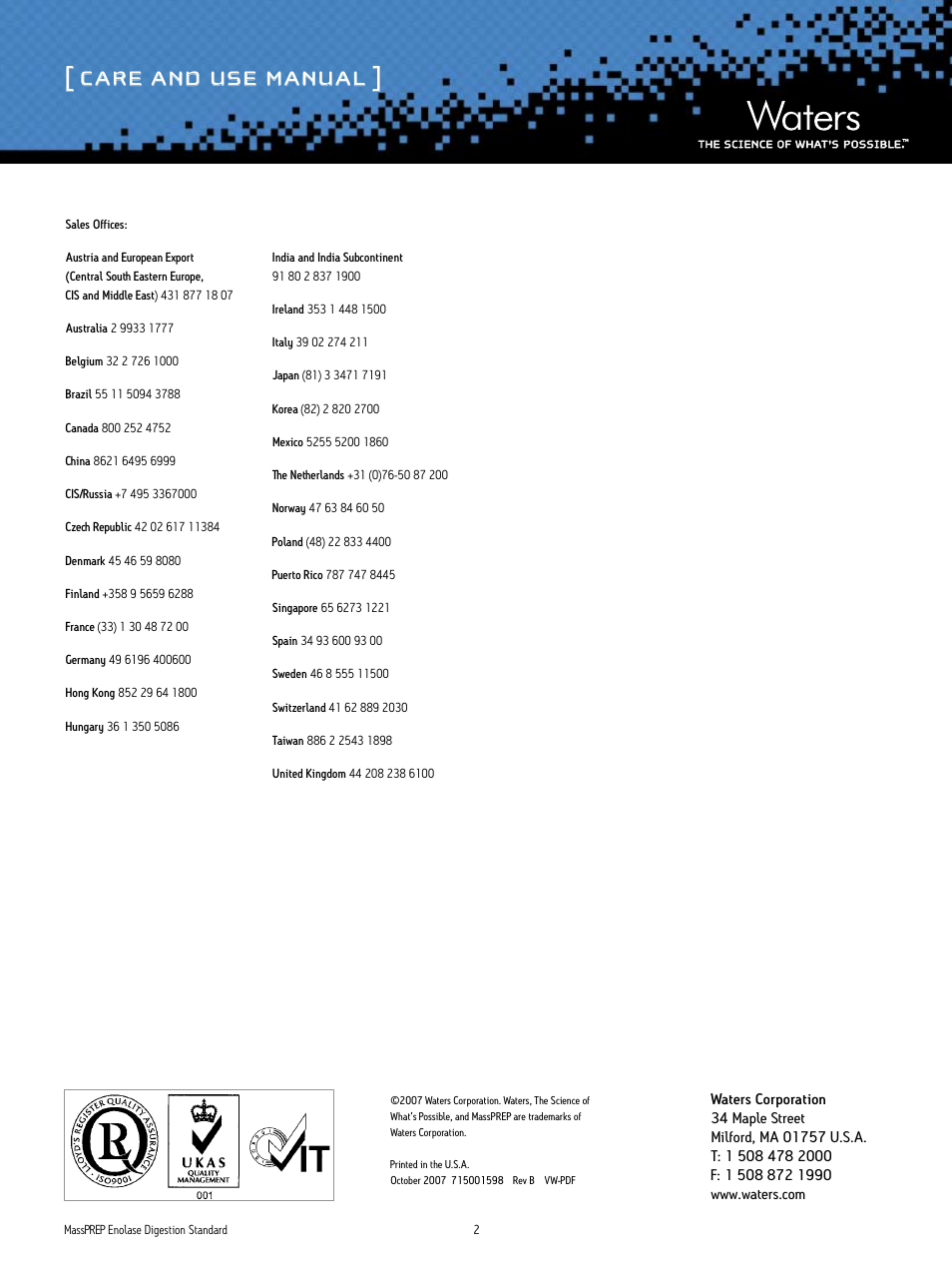 Care and use manual | Waters MassPREP Enolase Digestion Standard User Manual | Page 2 / 2