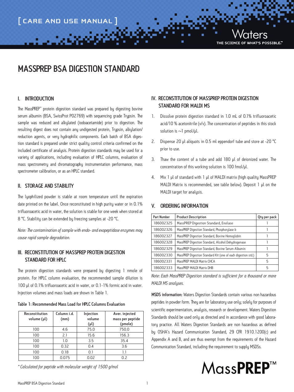 Waters MassPREP BSA Digestion Standard User Manual | 2 pages