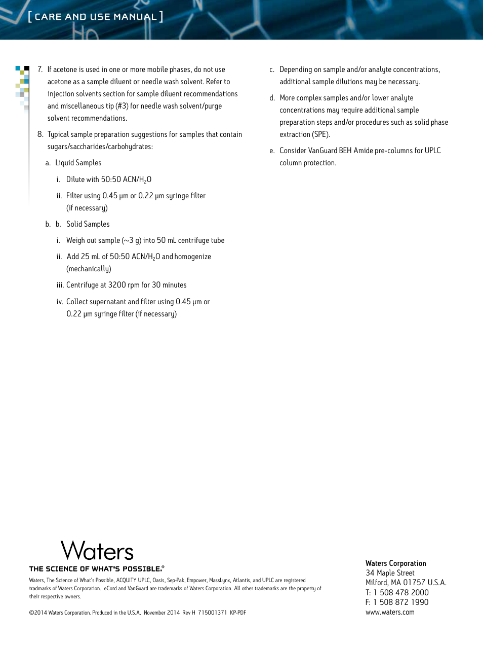 Care and use manual | Waters ACQUITY UPLC BEH Columns User Manual | Page 13 / 13