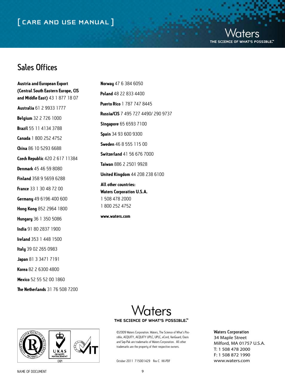 Care and use manual, Sales offices | Waters ACQUITY UPLC HSS Columns User Manual | Page 9 / 9