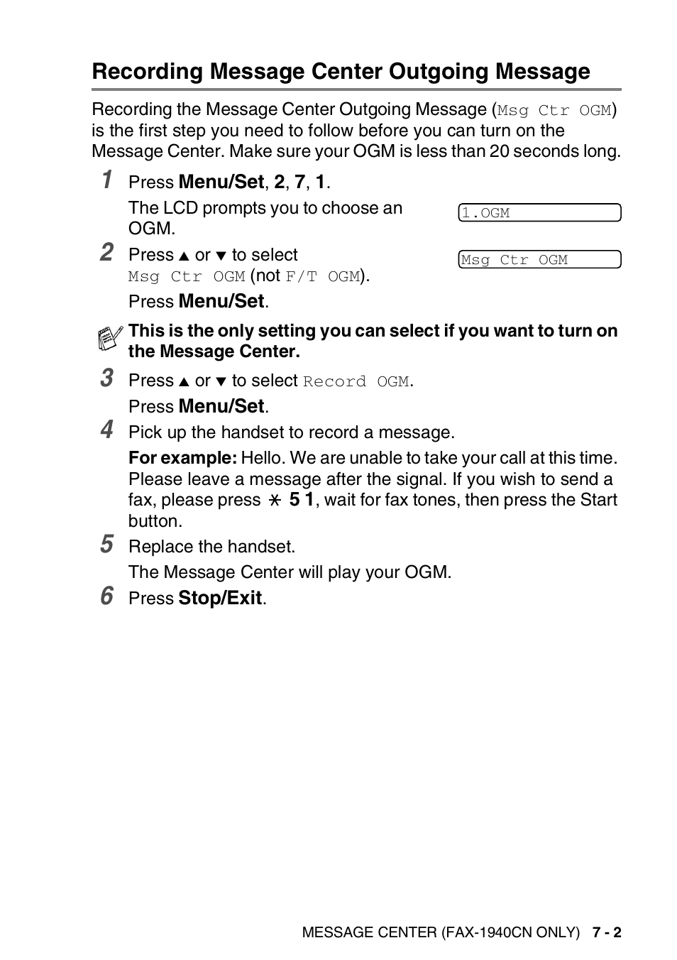 Recording message center outgoing message, Recording message center outgoing message -2 | Brother FAX 1840C User Manual | Page 100 / 231