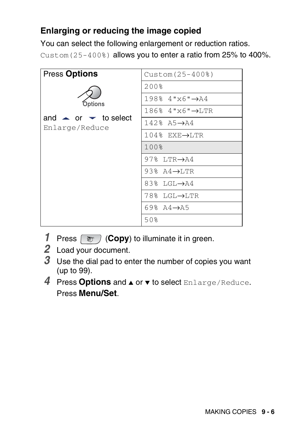 Enlarging or reducing the image copied, Enlarging or reducing the image copied -6 | Brother FAX 1840C User Manual | Page 114 / 231