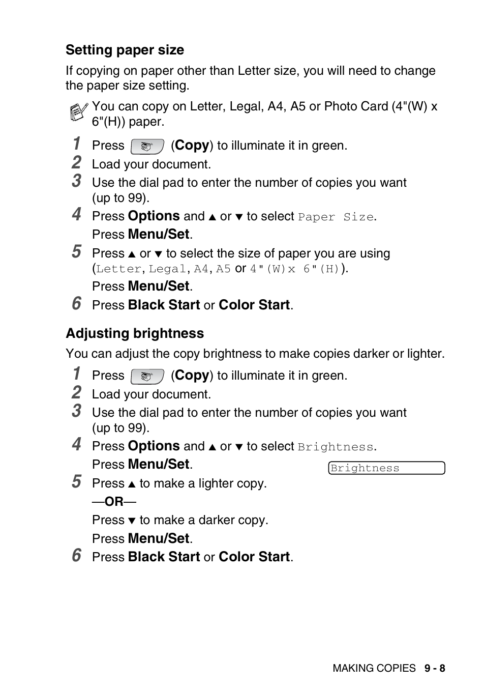 Setting paper size, Adjusting brightness, Setting paper size -8 adjusting brightness -8 | Brother FAX 1840C User Manual | Page 116 / 231