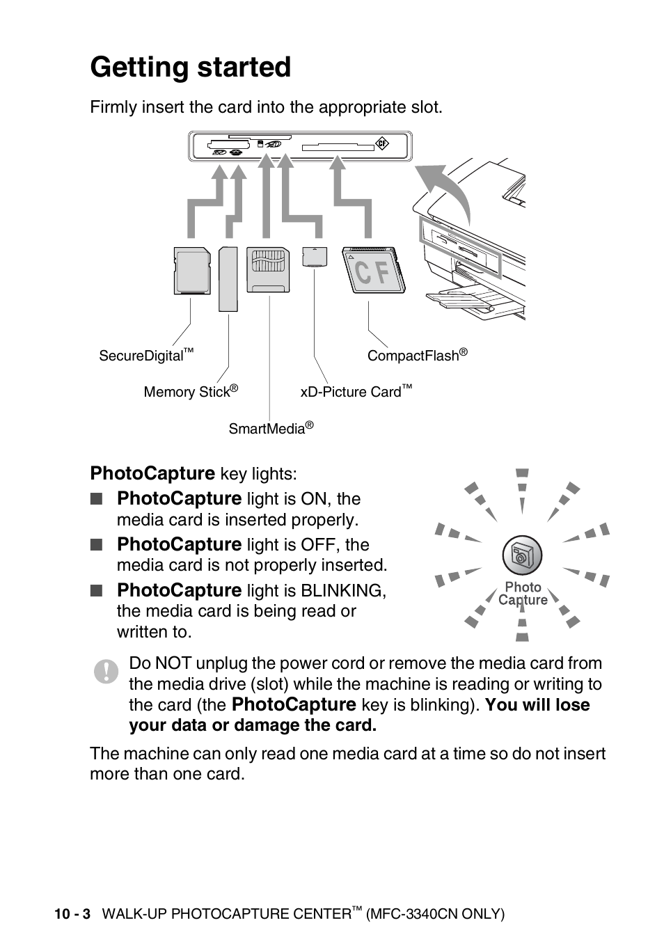 Getting started, Getting started -3, Photocapture | Brother FAX 1840C User Manual | Page 125 / 231