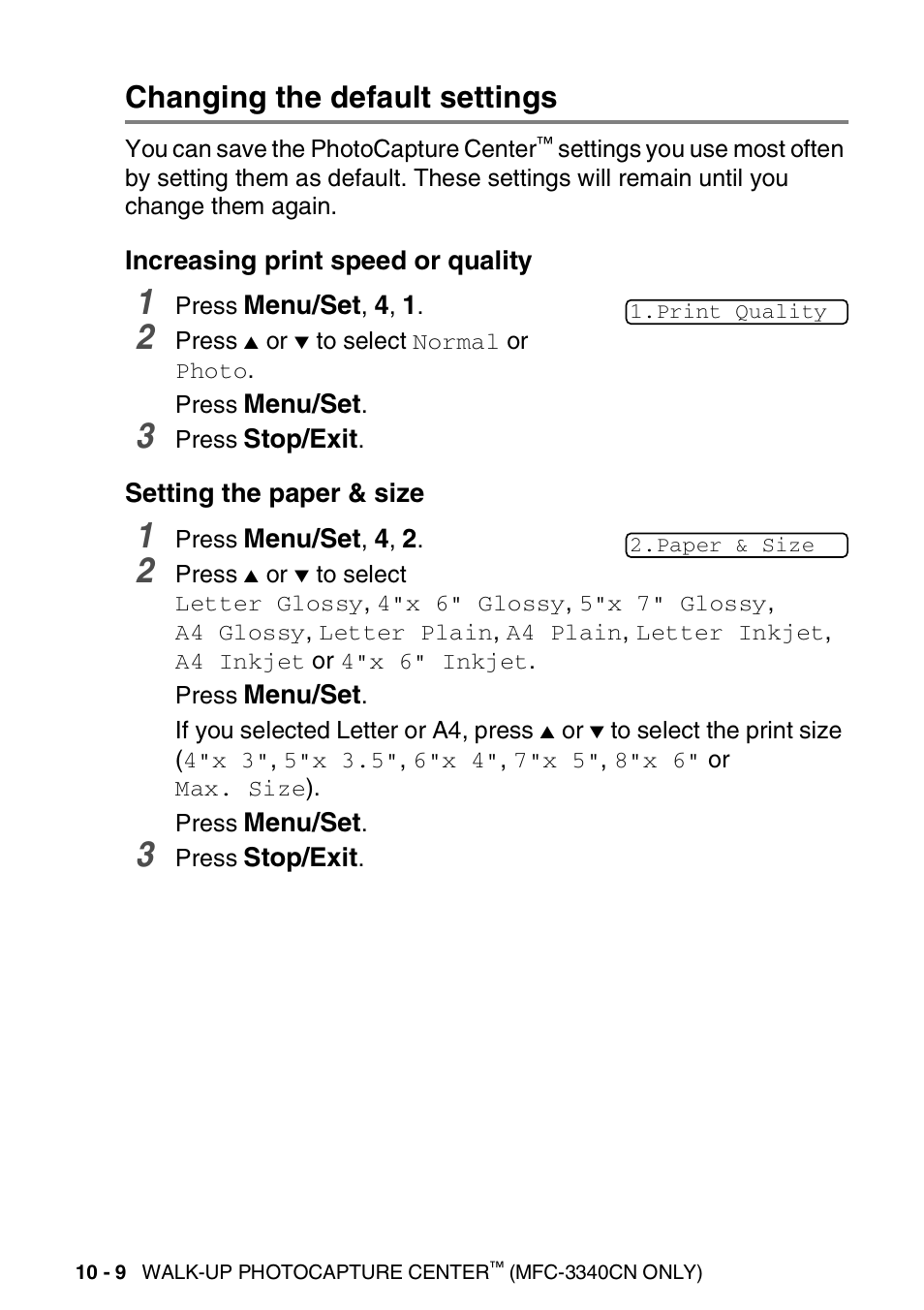Changing the default settings, Increasing print speed or quality, Setting the paper & size | Changing the default settings -9 | Brother FAX 1840C User Manual | Page 131 / 231