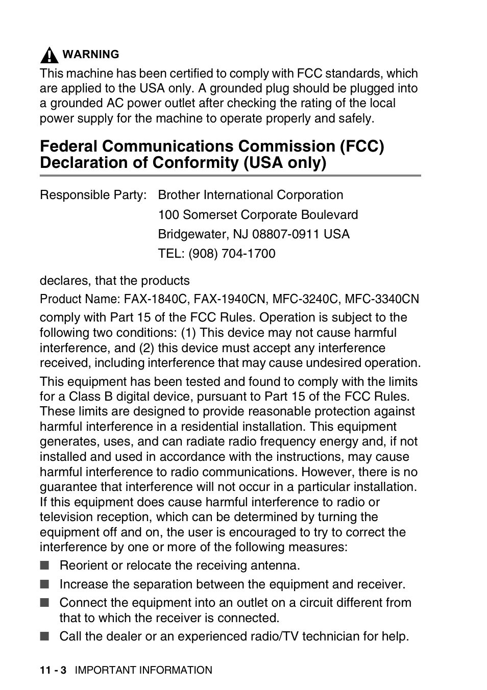 Federal communications commission (fcc), Declaration of conformity (usa only) -3 | Brother FAX 1840C User Manual | Page 139 / 231