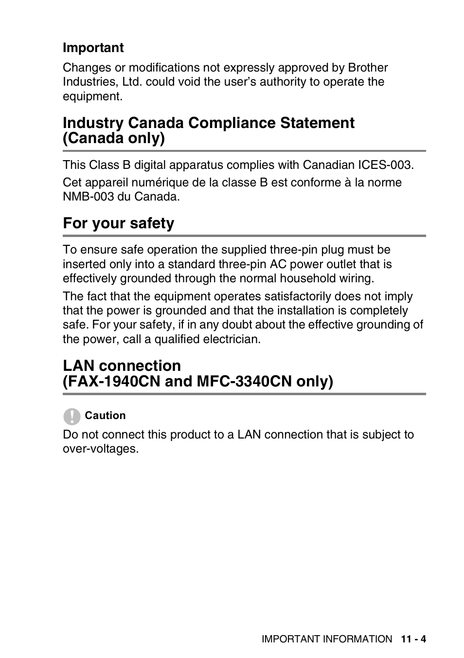 Important, Industry canada compliance statement (canada only), For your safety | Lan connection (fax-1940cn and mfc-3340cn only), Important -4, Industry canada compliance statement, Canada only) -4, For your safety -4 lan connection, Fax-1940cn and mfc-3340cn only) -4 | Brother FAX 1840C User Manual | Page 140 / 231