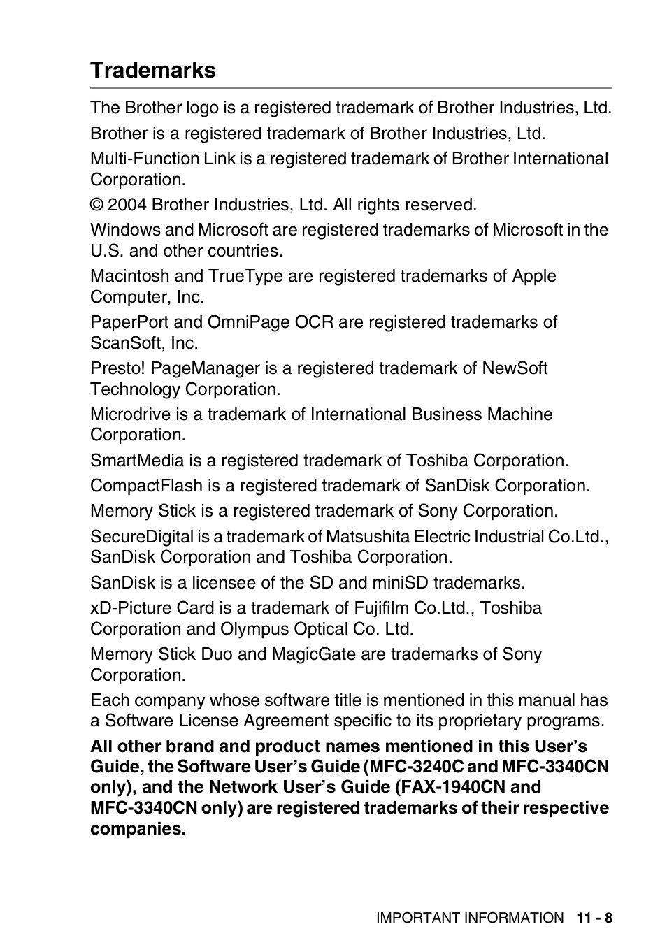 Trademarks, Trademarks -8 | Brother FAX 1840C User Manual | Page 144 / 231