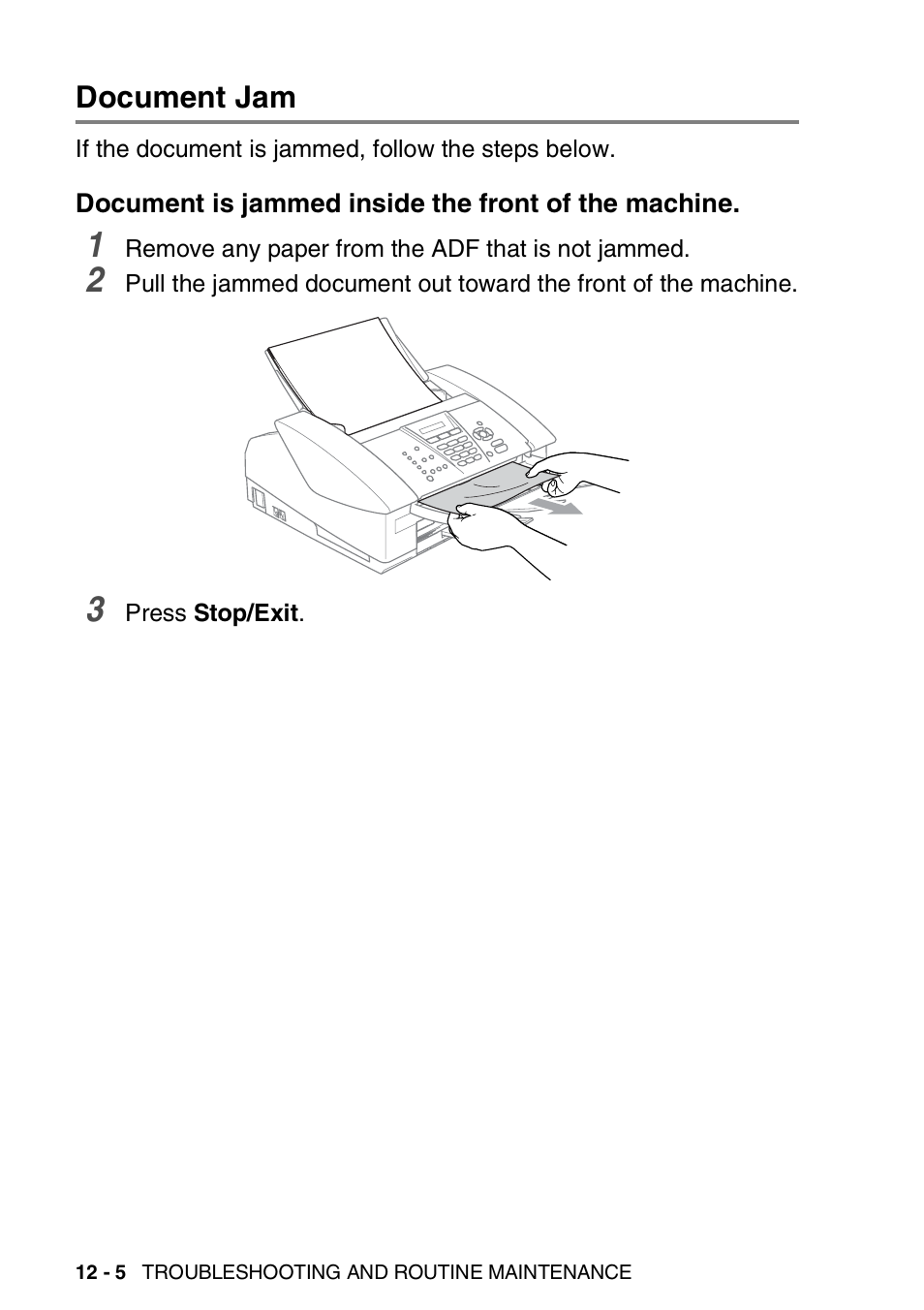Document jam, Document is jammed inside the front of the machine, Document jam -5 | Document is jammed inside the front of, The machine -5 | Brother FAX 1840C User Manual | Page 149 / 231
