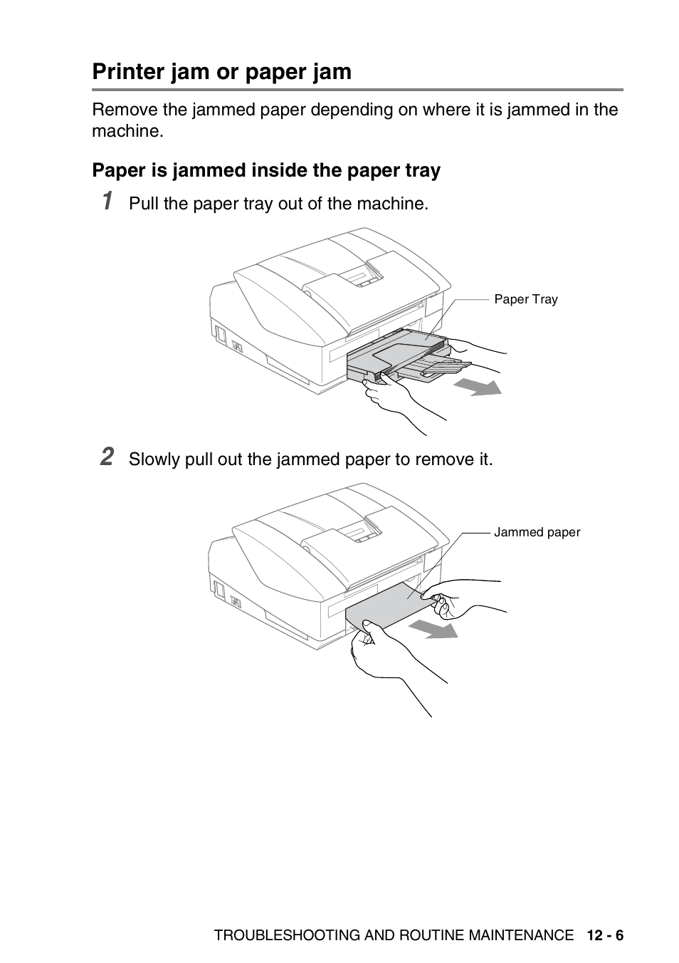 Printer jam or paper jam, Paper is jammed inside the paper tray, Printer jam or paper jam -6 | Paper is jammed inside the paper tray -6 | Brother FAX 1840C User Manual | Page 150 / 231