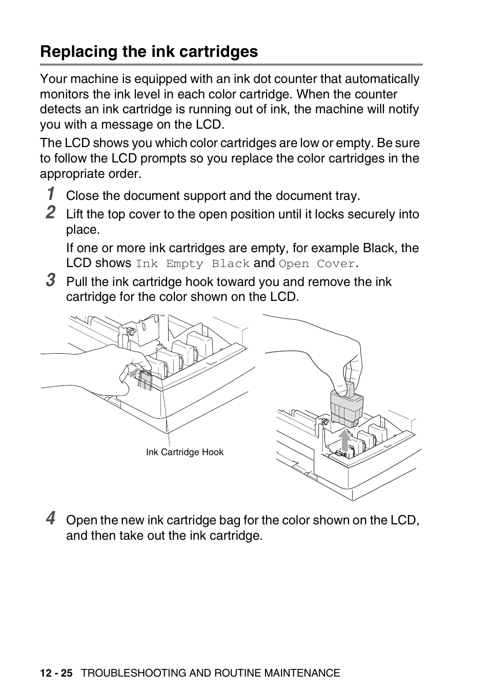 Replacing the ink cartridges, Replacing the ink cartridges -25 | Brother FAX 1840C User Manual | Page 169 / 231
