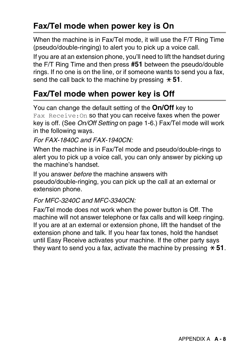 Fax/tel mode when power key is on, Fax/tel mode when power key is off | Brother FAX 1840C User Manual | Page 180 / 231