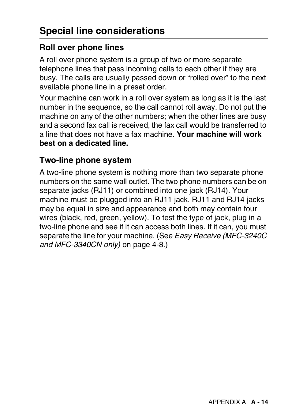 Special line considerations, Roll over phone lines, Two-line phone system | Brother FAX 1840C User Manual | Page 186 / 231