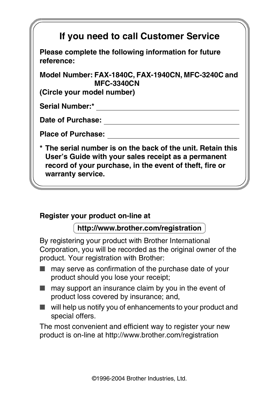If you need to call customer service | Brother FAX 1840C User Manual | Page 2 / 231
