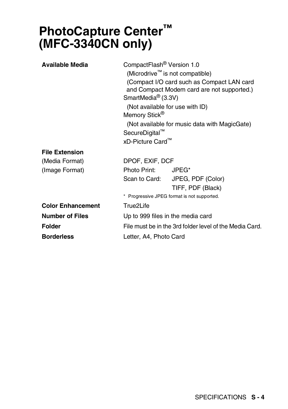 Photocapture center™ (mfc-3340cn only), Photocapture center, Mfc-3340cn only) ................... s-4 | Mfc-3340cn only) | Brother FAX 1840C User Manual | Page 212 / 231