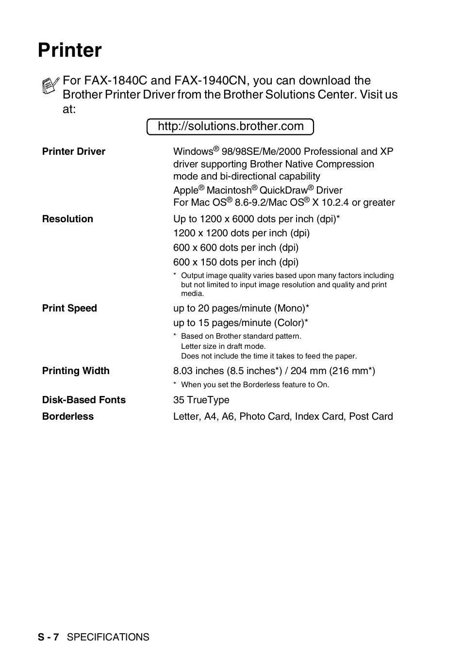 Printer | Brother FAX 1840C User Manual | Page 215 / 231