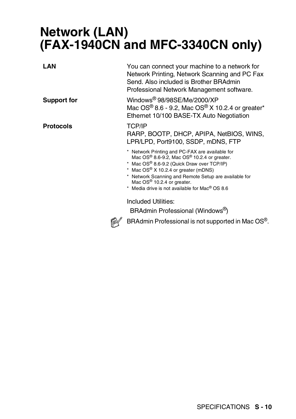 Network (lan) (fax-1940cn and mfc-3340cn only), Network (lan) | Brother FAX 1840C User Manual | Page 218 / 231