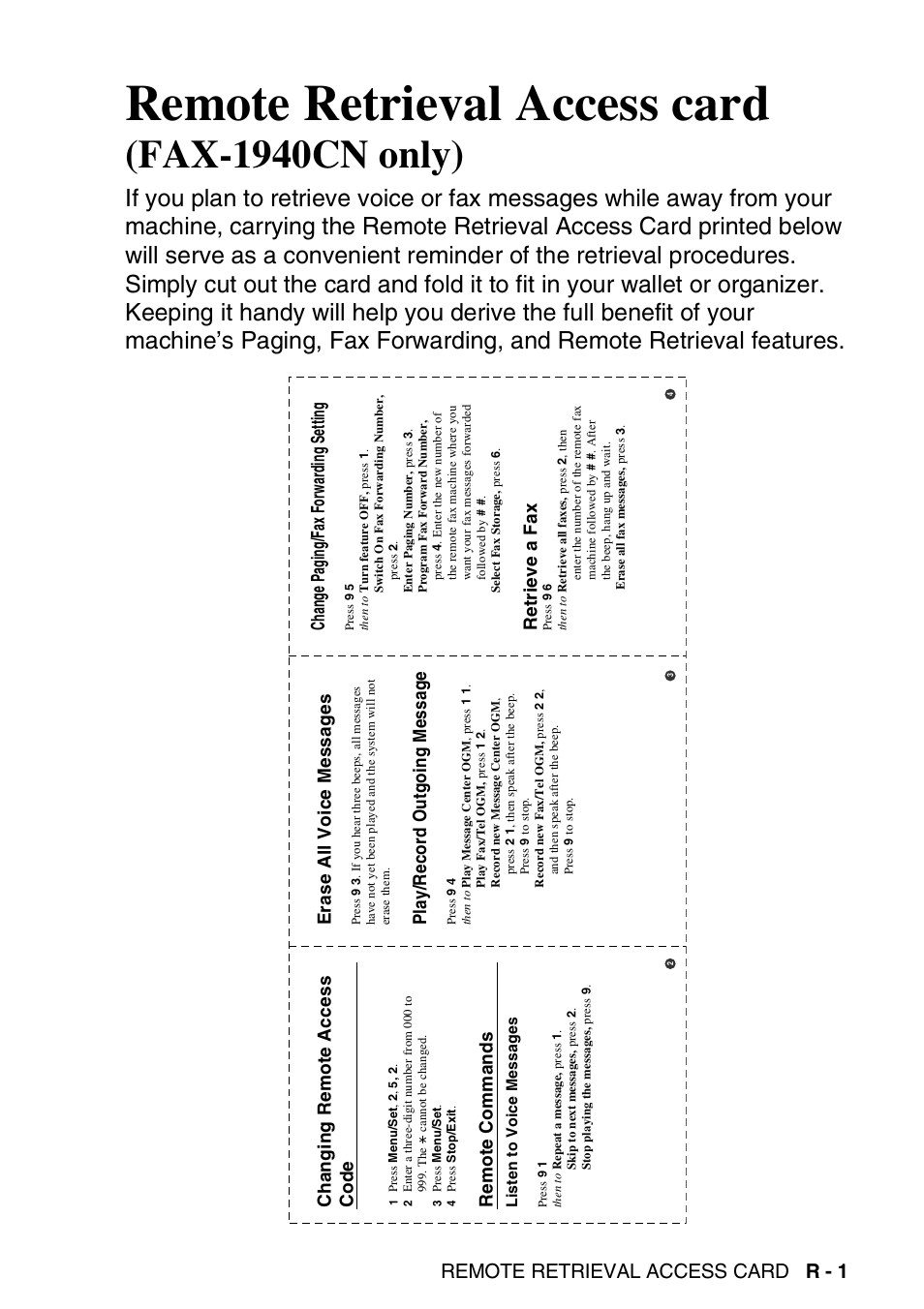 Remote retrieval access card (fax-1940cn only), Remote retrieval access card, Fax-1940cn only) | Remote retrieval access card r - 1, Erase all voice messages, Play/record outgoing message, Changing remote access code, Remote commands, Change paging/fax forwarding setting, Retrieve a fax | Brother FAX 1840C User Manual | Page 226 / 231