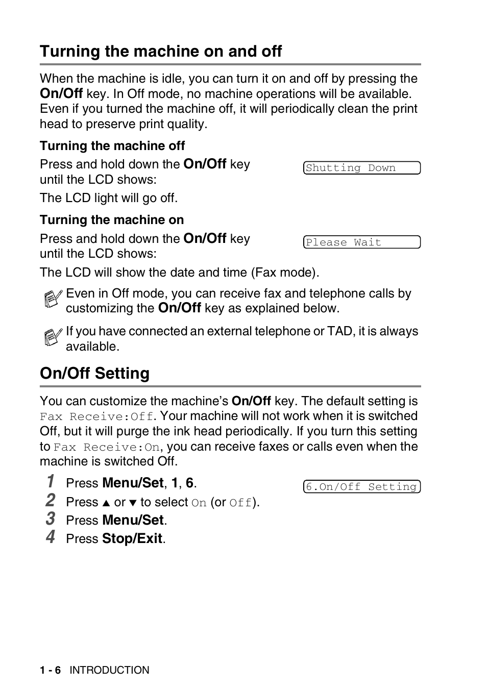 Turning the machine on and off, On/off setting | Brother FAX 1840C User Manual | Page 27 / 231
