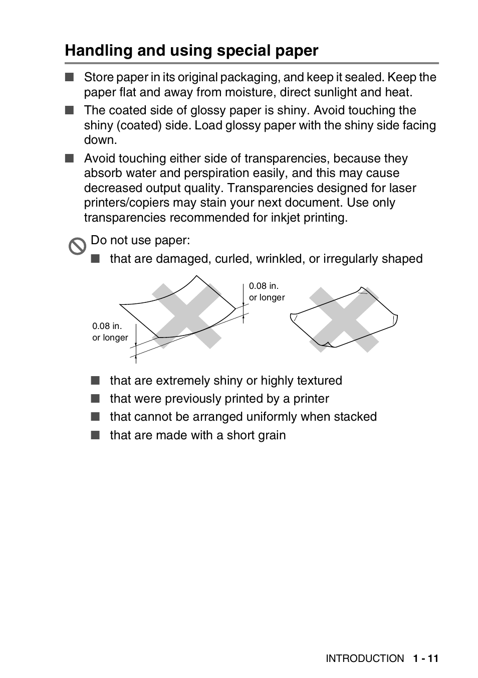 Handling and using special paper, Handling and using special paper -11 | Brother FAX 1840C User Manual | Page 32 / 231