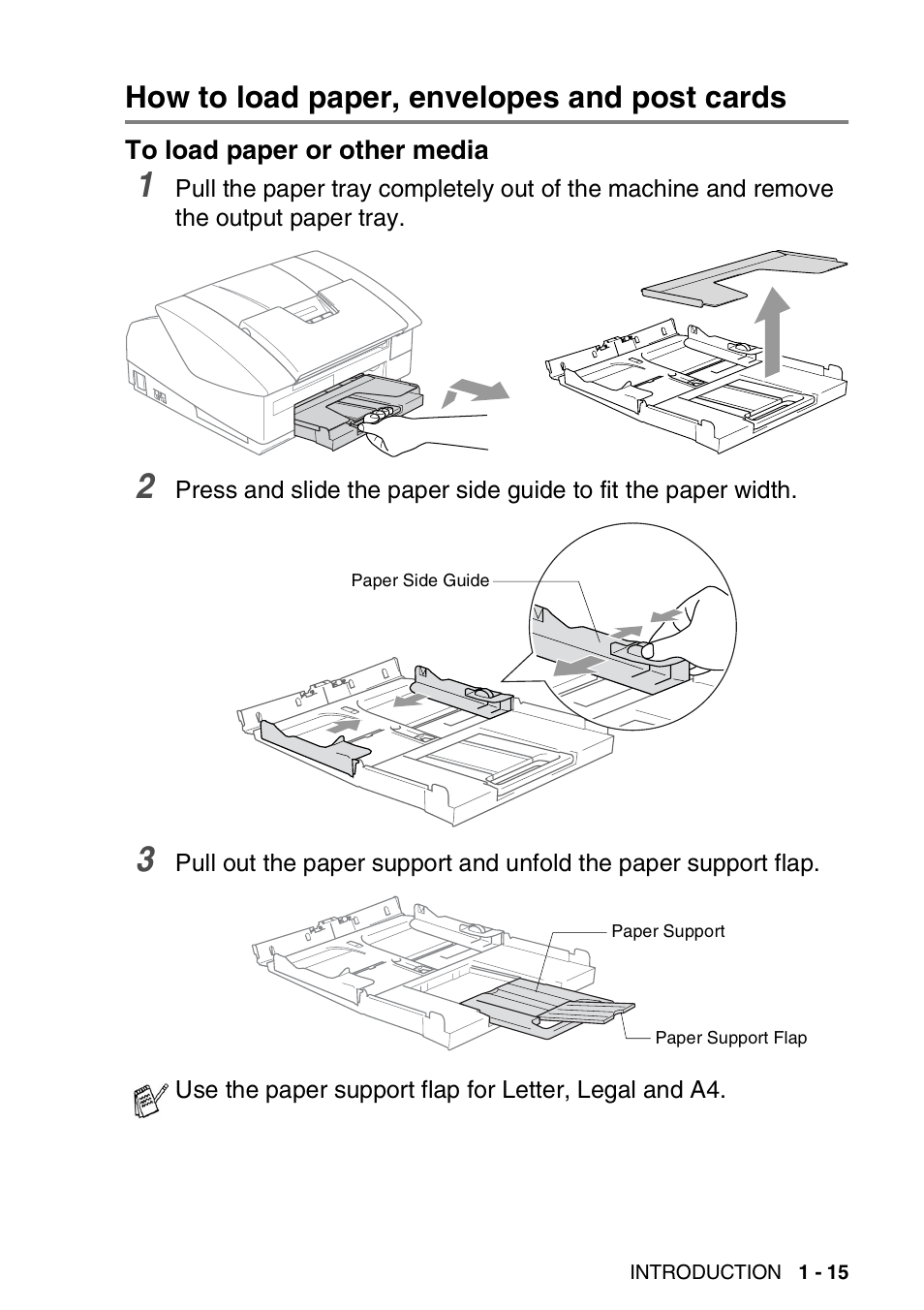 How to load paper, envelopes and post cards, To load paper or other media, How to load paper, envelopes and post cards -15 | To load paper or other media -15 | Brother FAX 1840C User Manual | Page 36 / 231