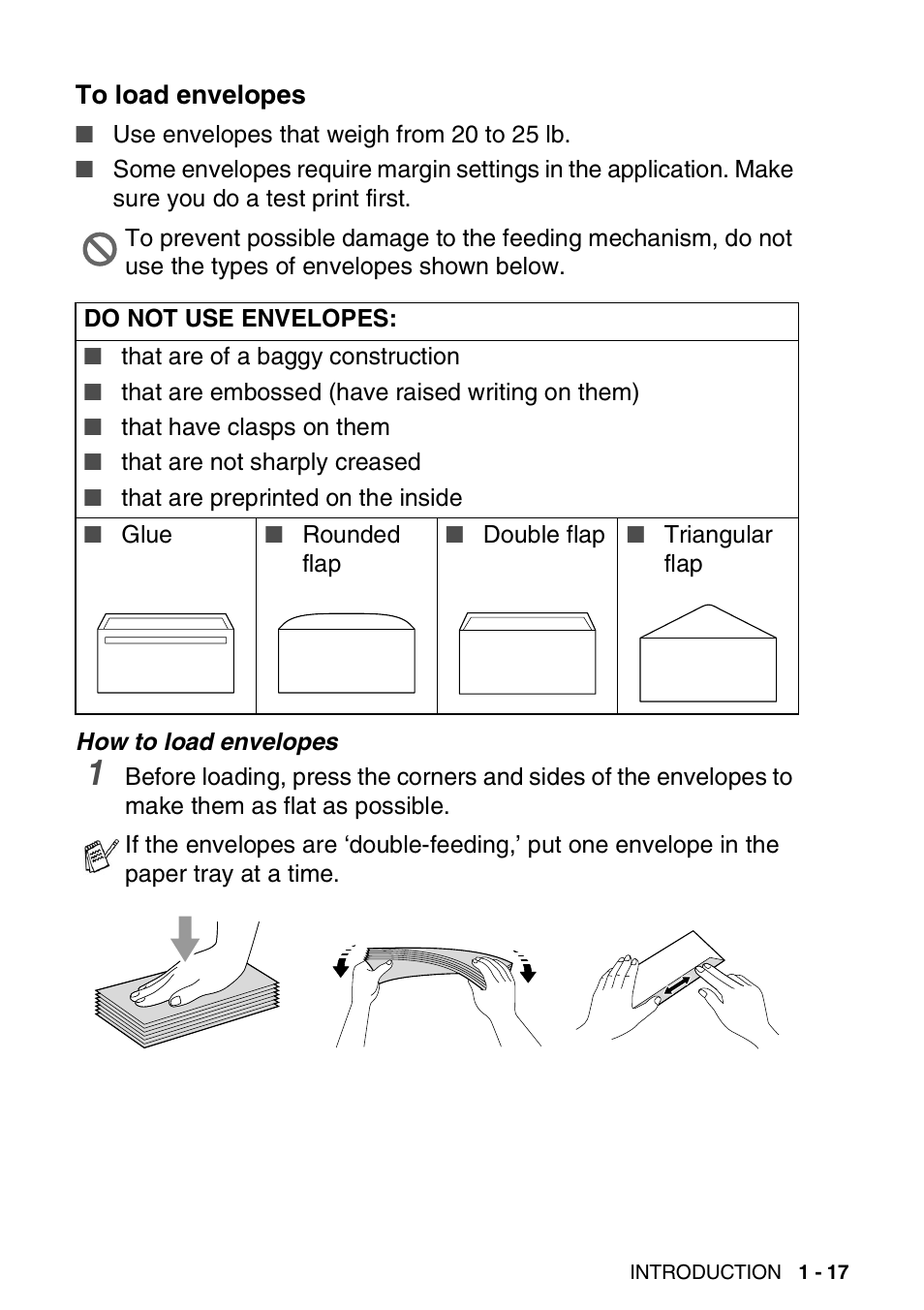 To load envelopes, To load envelopes -17 | Brother FAX 1840C User Manual | Page 38 / 231