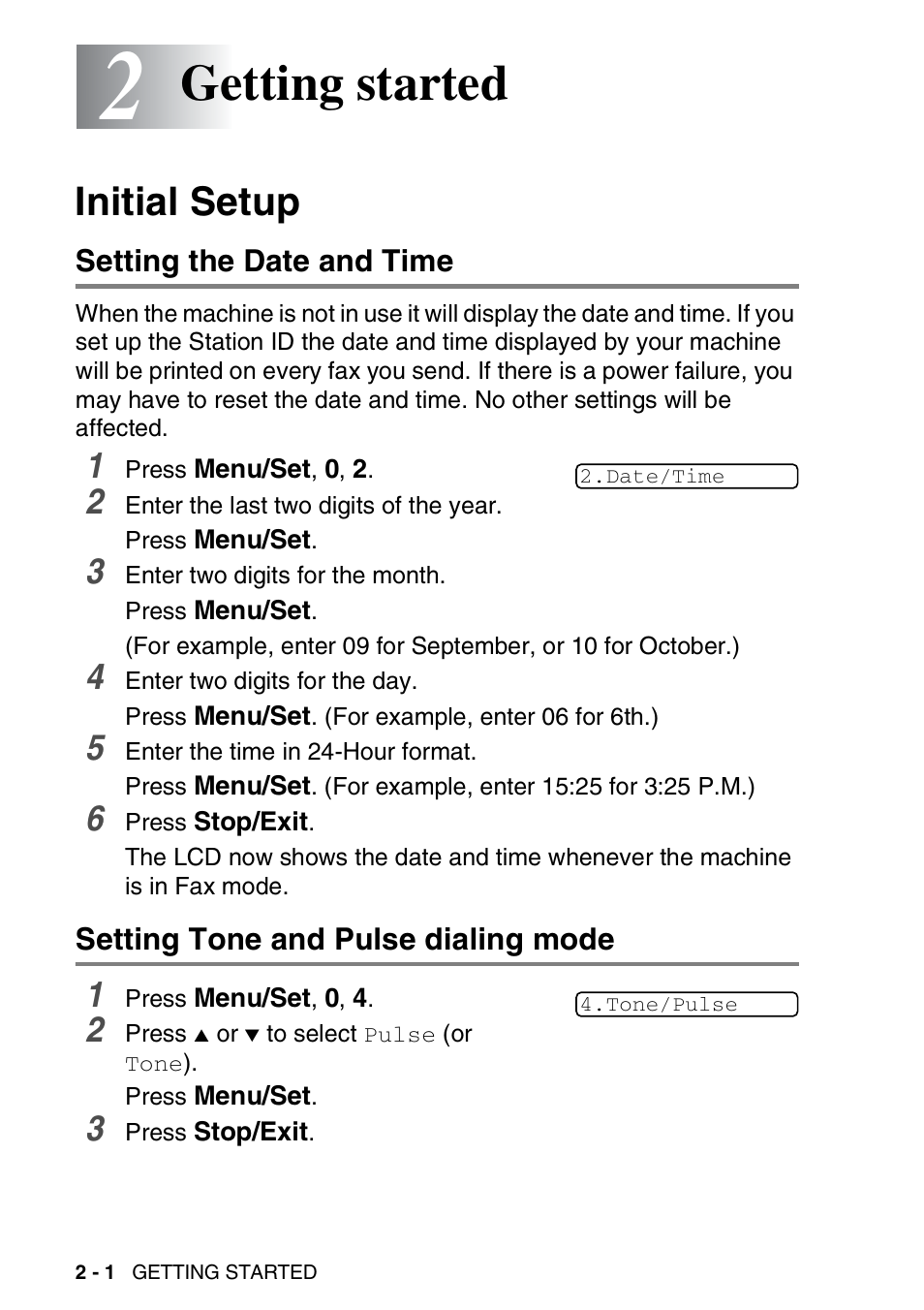 2 getting started, Initial setup, Setting the date and time | Setting tone and pulse dialing mode, Getting started -1, Initial setup -1, Getting started | Brother FAX 1840C User Manual | Page 43 / 231