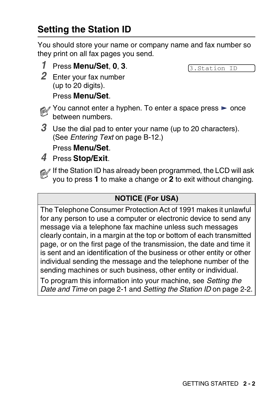 Setting the station id, Setting the station id -2 | Brother FAX 1840C User Manual | Page 44 / 231