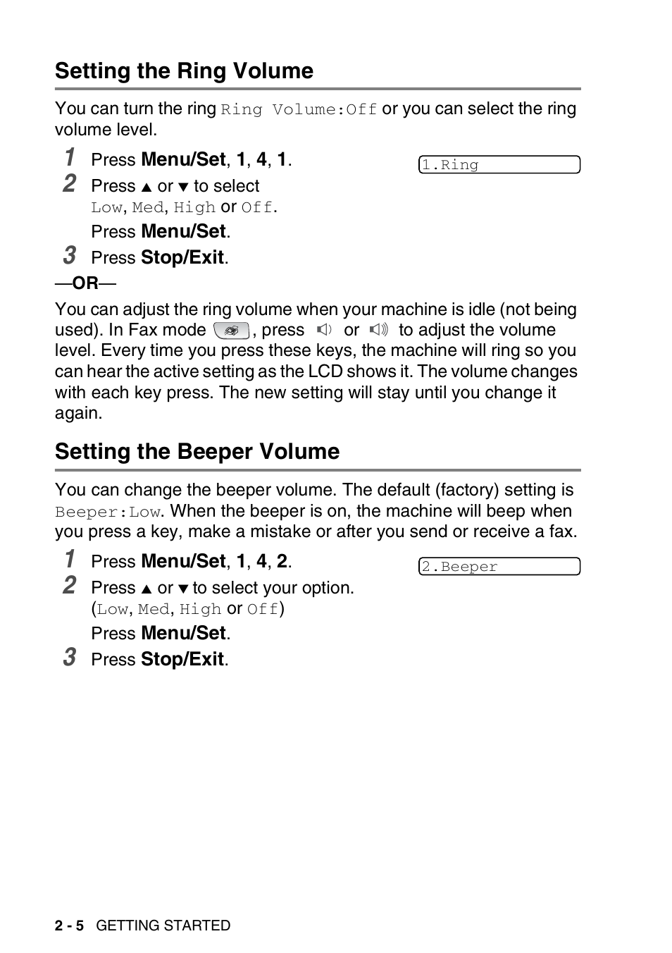 Setting the ring volume, Setting the beeper volume | Brother FAX 1840C User Manual | Page 47 / 231