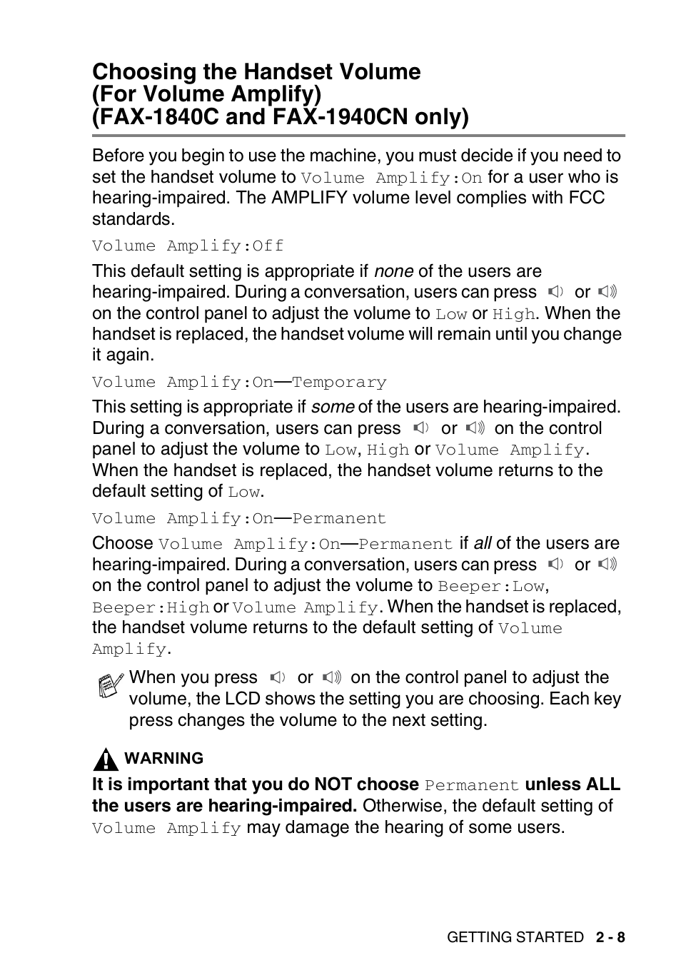 Choosing the handset volume (for volume amplify), Fax-1840c and fax-1940cn only) -8 | Brother FAX 1840C User Manual | Page 50 / 231
