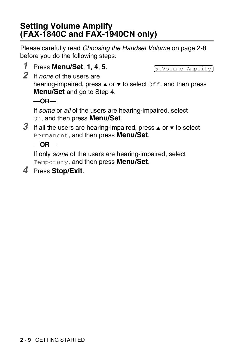 Setting volume amplify, Fax-1840c and fax-1940cn only) -9 | Brother FAX 1840C User Manual | Page 51 / 231