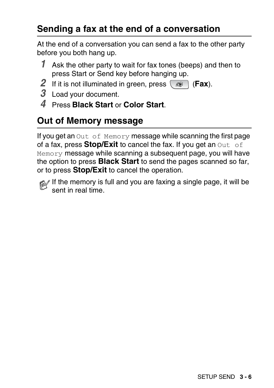 Sending a fax at the end of a conversation, Out of memory message | Brother FAX 1840C User Manual | Page 58 / 231
