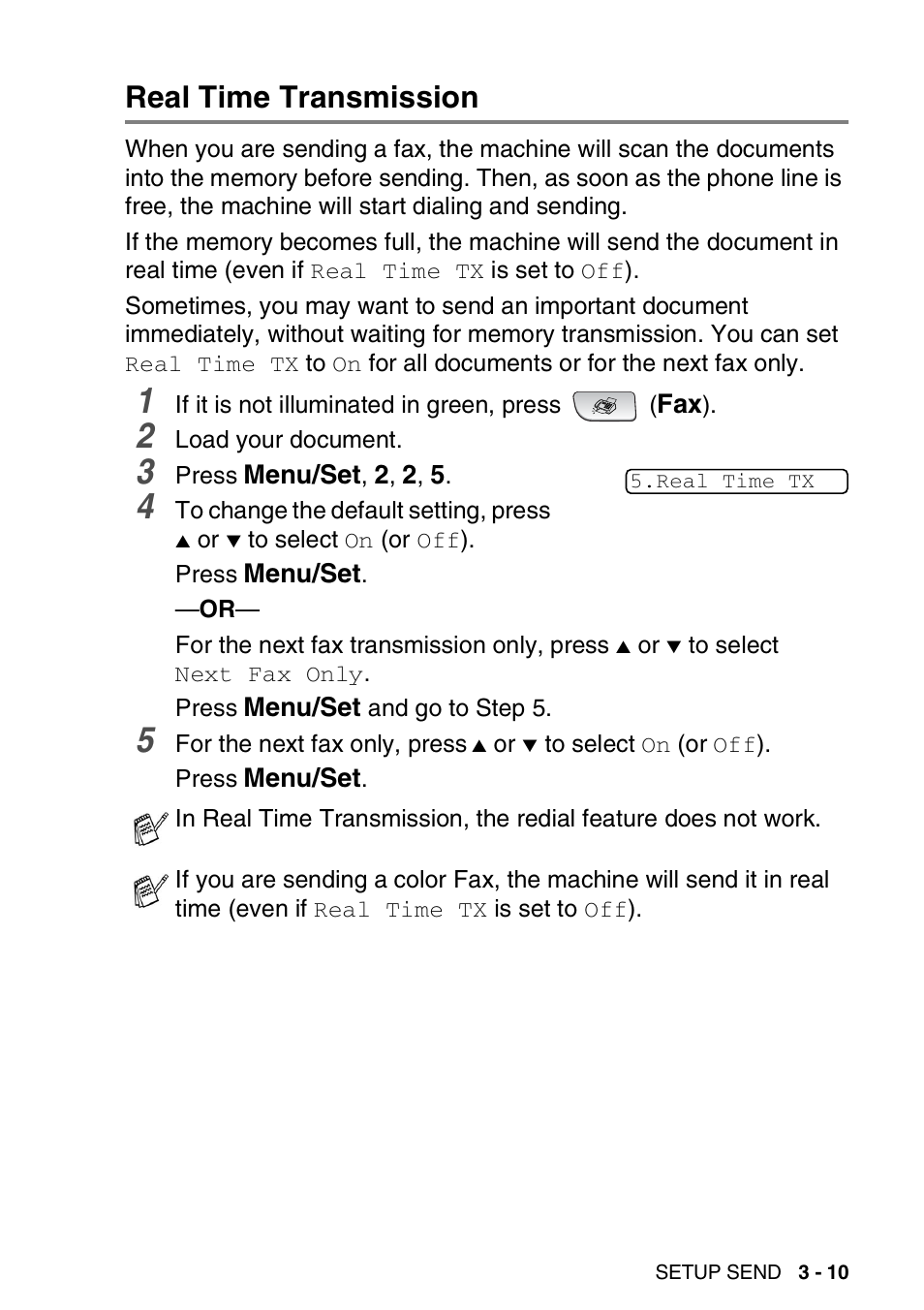 Real time transmission, Real time transmission -10 | Brother FAX 1840C User Manual | Page 62 / 231