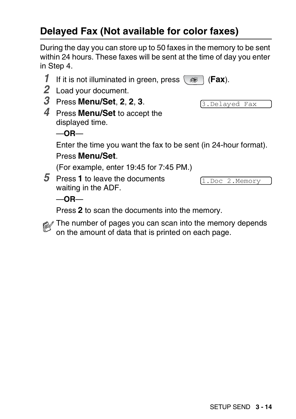 Delayed fax (not available for color faxes), Delayed fax (not available for color faxes) -14 | Brother FAX 1840C User Manual | Page 66 / 231