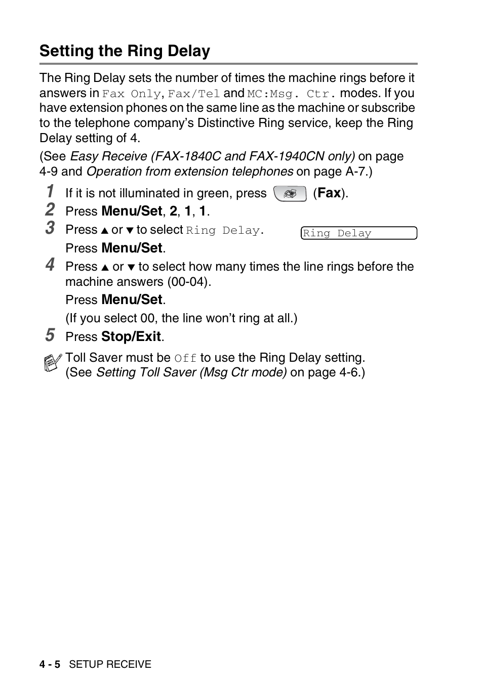 Setting the ring delay, Setting the ring delay -5 | Brother FAX 1840C User Manual | Page 73 / 231