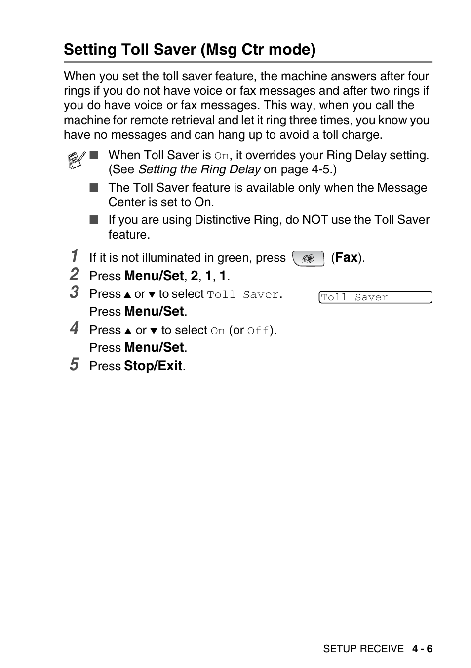 Setting toll saver (msg ctr mode), Setting toll saver (msg ctr mode) -6 | Brother FAX 1840C User Manual | Page 74 / 231