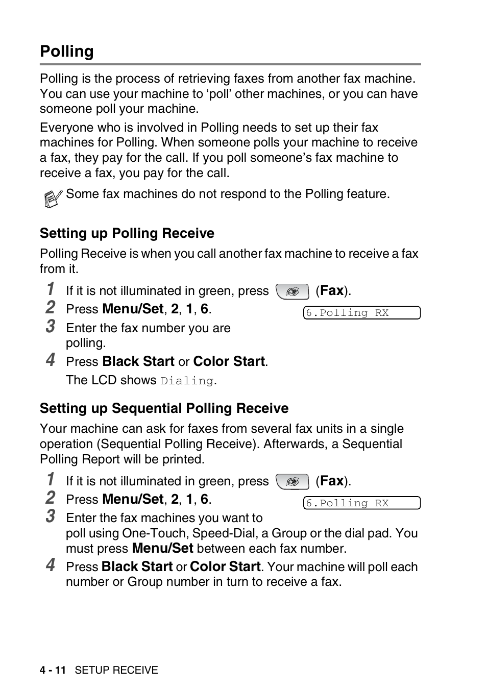 Polling, Setting up polling receive, Setting up sequential polling receive | Polling -11 | Brother FAX 1840C User Manual | Page 79 / 231
