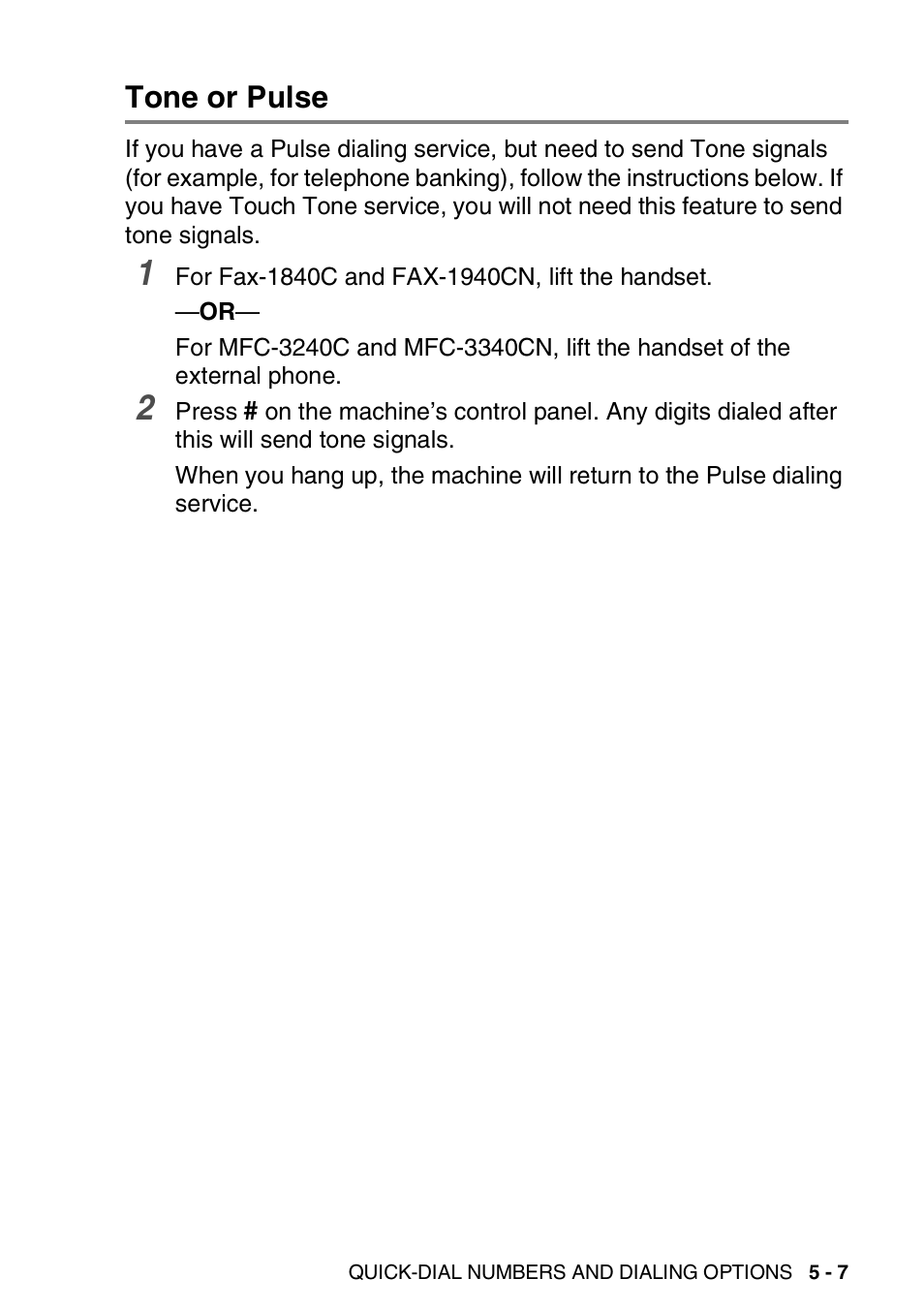 Tone or pulse, Tone or pulse -7 | Brother FAX 1840C User Manual | Page 86 / 231