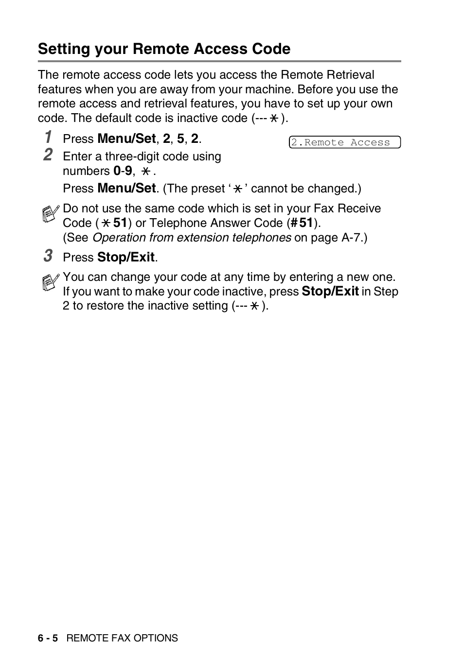 Setting your remote access code, Setting your remote access code -5 | Brother FAX 1840C User Manual | Page 93 / 231