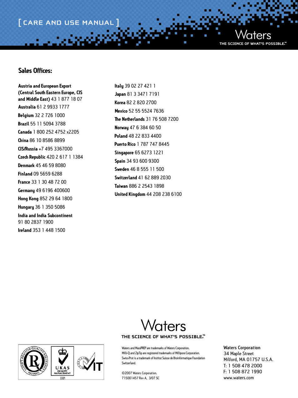 Care and use manual, Sales offices | Waters MassPREP Phosphopeptide Enrichment Kit User Manual | Page 5 / 5