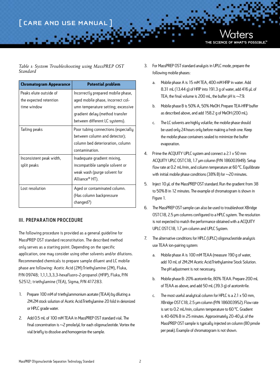 Care and use manual | Waters Oligonucleotide Separation Technology Standard User Manual | Page 2 / 4