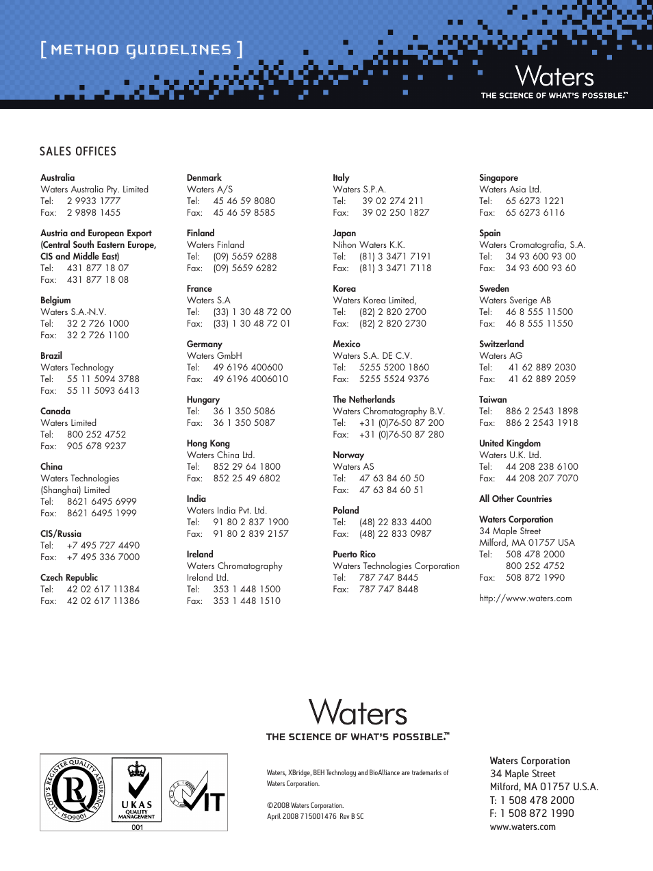 Method guidelines, Sales offices | Waters Oligonucleotide Separation Technology XBridge OST C18 Columns User Manual | Page 8 / 8