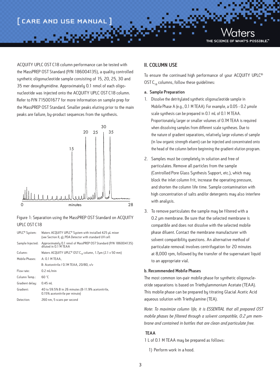 Care and use manual, Ii. column use | Waters Oligonucleotide Separation Technology ACQUITY UPLC C18 Columns User Manual | Page 3 / 7