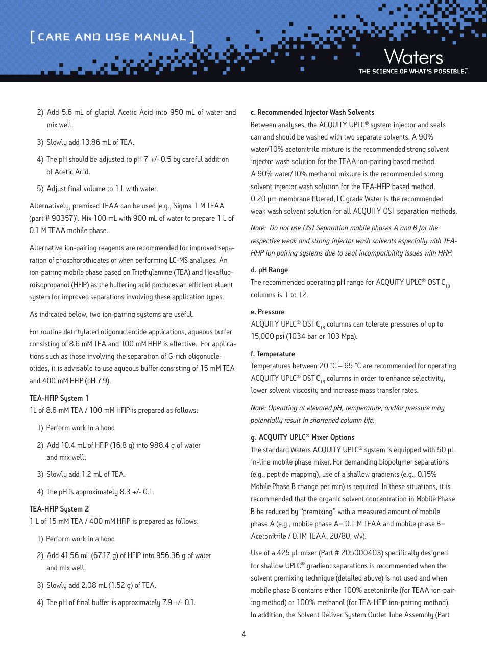 Care and use manual | Waters Oligonucleotide Separation Technology ACQUITY UPLC C18 Columns User Manual | Page 4 / 7