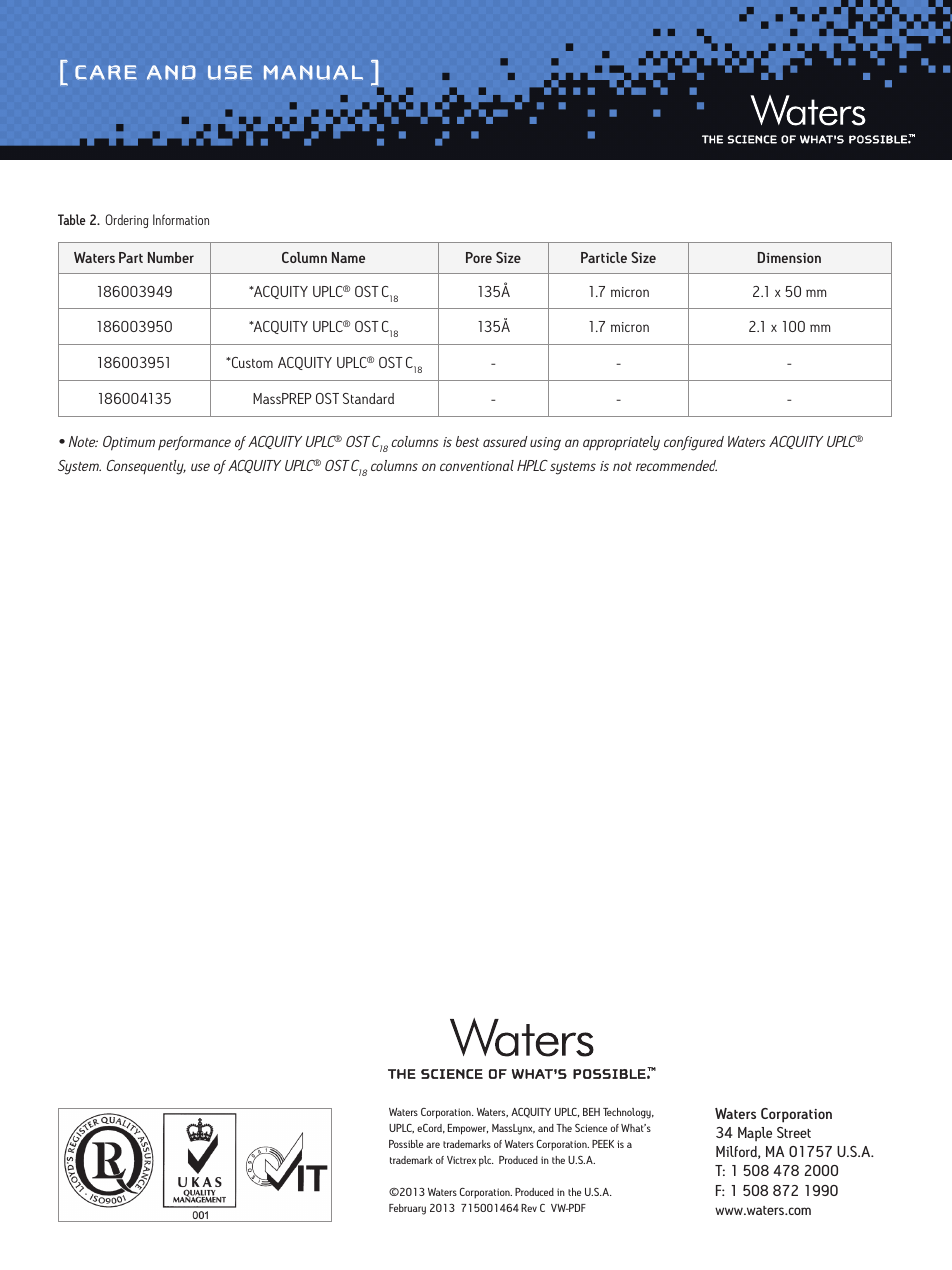 Care and use manual | Waters Oligonucleotide Separation Technology ACQUITY UPLC C18 Columns User Manual | Page 7 / 7