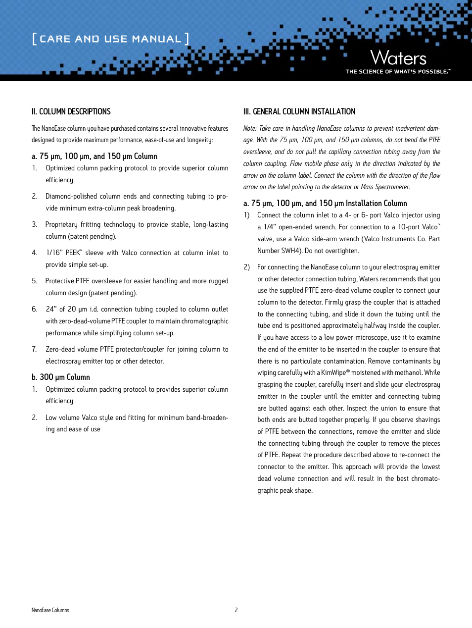 Care and use manual | Waters NanoEase Nano and Nanocapillary Columns User Manual | Page 2 / 4